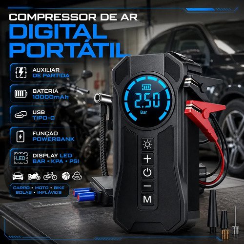 Mini compressor de ar portatil bateria emergencia ignicao au