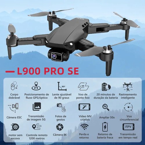 Mini drone L900 PRO SE com dual câmera 8K preto 5GHz 2 baterias Motor sem escova profissional