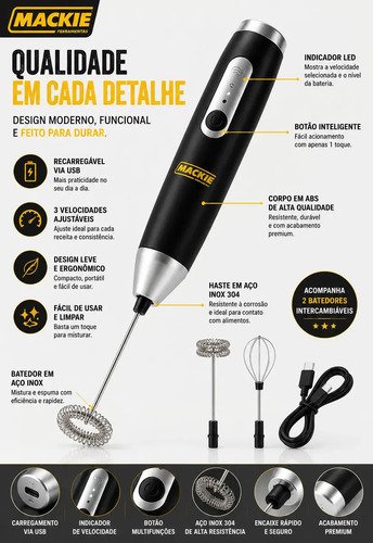 Mini Mixer Elétrico Portátil Misturador De Bebidas Café Leite Cappuccino Whey Protein Shake Ovos Espumador Batedor Fouet Inox Compacto Cozinha Drinks Mackie Ferramentas