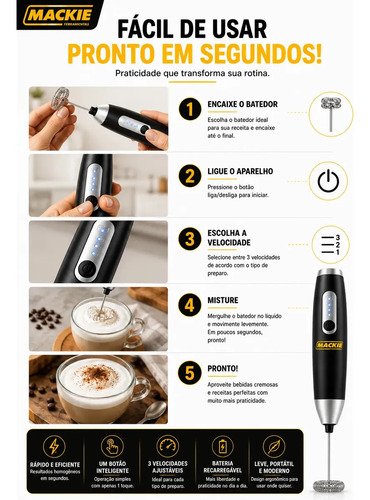 Mini Mixer Elétrico Portátil Misturador De Bebidas Café Leite Cappuccino Whey Protein Shake Ovos Espumador Batedor Fouet Inox Compacto Cozinha Drinks Mackie Ferramentas