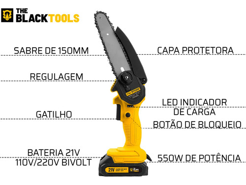 Mini Moto Serra Elétrica A Bateria 21v Recarregável Profissional Bts-200 The Black Tools