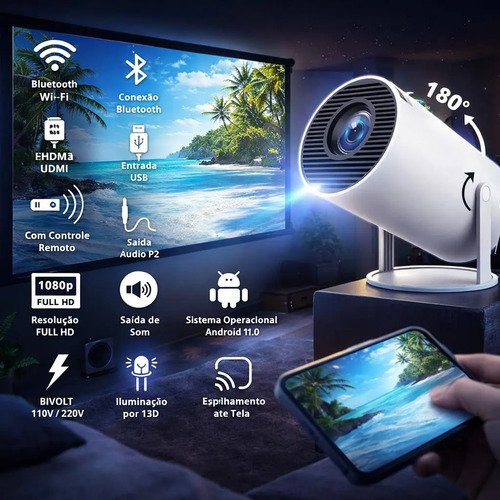 Mini Projetor Vlx HY300 LED, Android 11.0 com Wi-Fi 5G e Bluetooth
