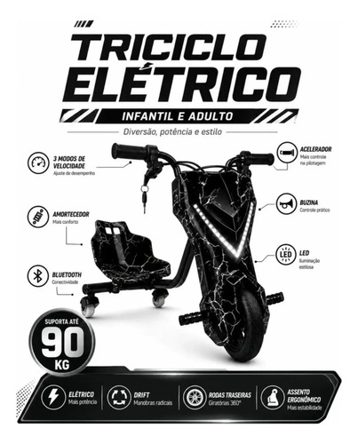 Mini Triciclo Eletrico Infantil Drift 350w Luzes Rgb +brinde