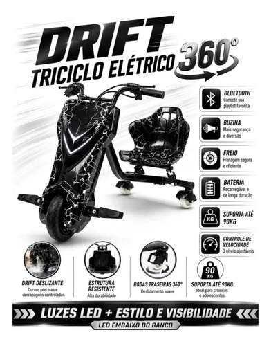 Mini Triciclo Eletrico Infantil Drift 350w Luzes Rgb +brinde