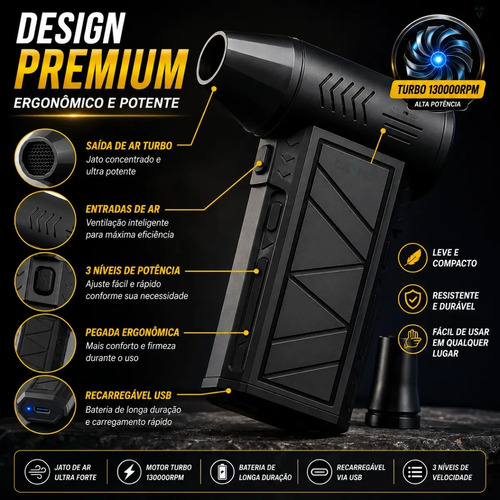 Mini Ventilador Soprador Ar Turbo 130000rpm Sem Fio Recarregável Usb 3 Níveis Jato Forte Portátil Multiuso Limpeza Teclado Carro Acende Churrasqueira Marca Davely