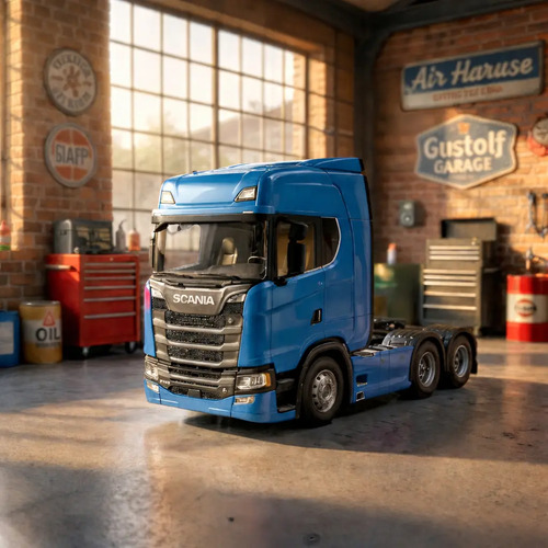Miniatura caminhao scania v8 770s azul trucado com som e luz