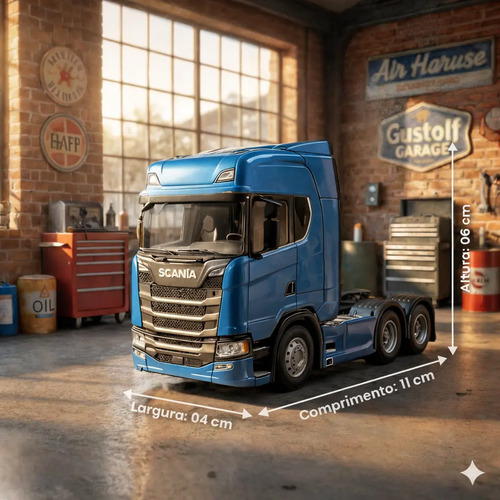 Miniatura Caminhão Scania V8 770s Azul Trucado Com Som E Luz Brinquedo Colecionável Premium Ligeiro