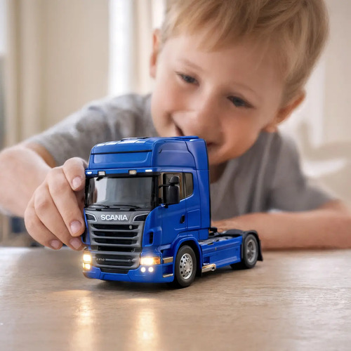 Miniatura Caminhão Scania V8 770s Azul Trucado Com Som E Luz Brinquedo Colecionável Premium Ligeiro