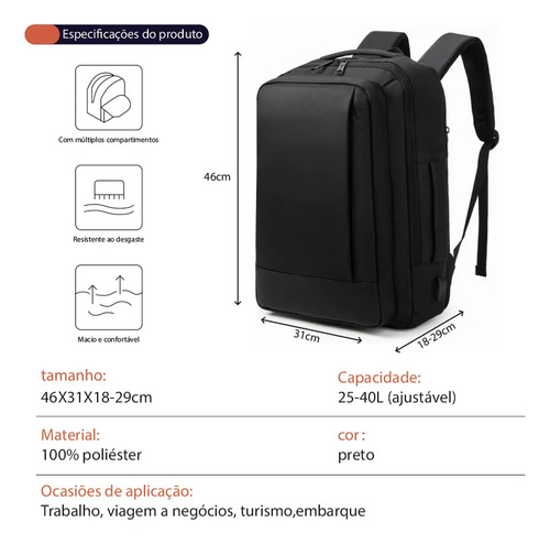 Mochila À Prova D'água Reforçada Expansível Para Viagens Diá