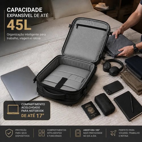 Mochila De Viagem Notebook 17 Masculina Impermeável Expansível Executiva Grande 45L Reforçada Premium Trabalho Faculdade Bagear Preta