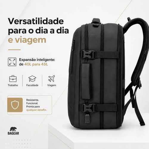 Mochila De Viagem Notebook 17 Masculina Impermeável Expansível Executiva Grande 45L Reforçada Premium Trabalho Faculdade Bagear Preta