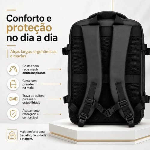 Mochila De Viagem Notebook 17 Masculina Impermeável Expansível Executiva Grande 45L Reforçada Premium Trabalho Faculdade Bagear Preta