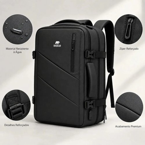 Mochila De Viagem Notebook 17 Masculina Impermeável Expansível Executiva Grande 45L Reforçada Premium Trabalho Faculdade Bagear Preta