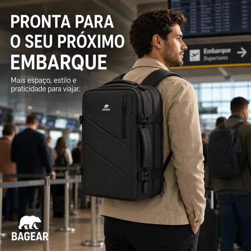 Mochila De Viagem Notebook 17 Masculina Impermeável Expansível Executiva Grande 45L Reforçada Premium Trabalho Faculdade Bagear Preta