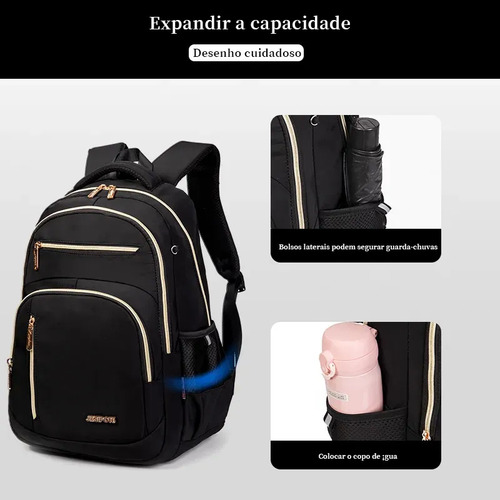 Mochila feminina, ideal para deslocamentos diários, viagens e estudos, impermeável, reforçada, com capacidade para portátil, 24L (preto)
