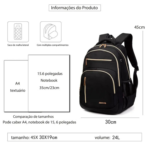 Mochila feminina, ideal para deslocamentos diários, viagens e estudos, impermeável, reforçada, com capacidade para portátil, 24L (preto)