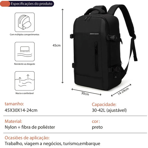Mochila masculina, impermeável, reforçada, com capacidade ampliada de 30-42L, adequada para portátil, viagens diárias, cor preta