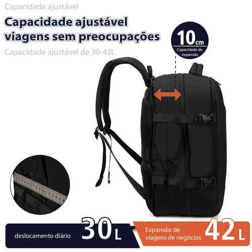 Mochila masculina, impermeável, reforçada, com capacidade ampliada de 30-42L, adequada para portátil, viagens diárias, cor preta
