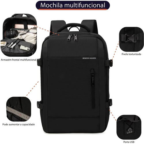Mochila masculina, impermeável, reforçada, com capacidade ampliada de 30-42L, adequada para portátil, viagens diárias, cor preta