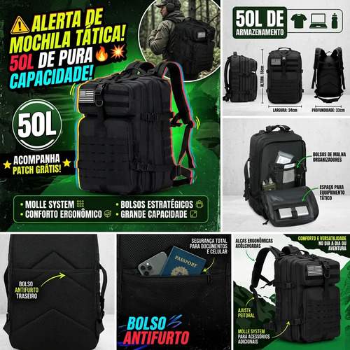 Mochila Tática Grande Resistente 50l Para Viagem Aventura