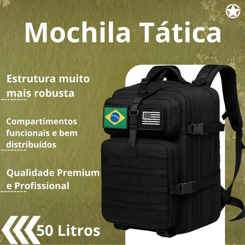 Mochila Tática Impermeável Militar Reforçada Grande 50 Litros Masculina Feminina Anne Preto