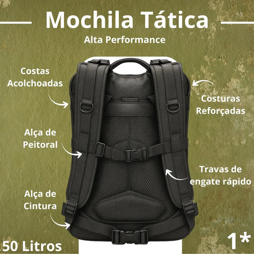 Mochila Tática Impermeável Militar Reforçada Grande 50 Litros Masculina Feminina Anne Preto