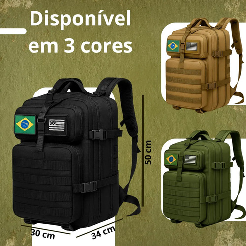 Mochila Tática Impermeável Militar Reforçada Grande 50 Litros Masculina Feminina Anne Preto