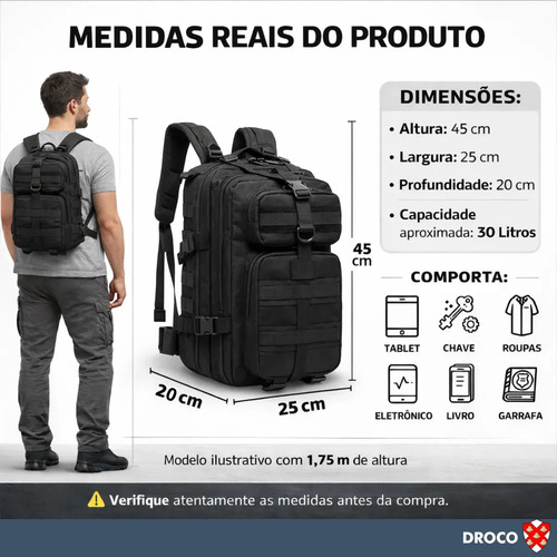 Mochila Tática Militar Impermeável Reforçada Assault 30l Cor Preto Desenho do tecido Liso Caveira