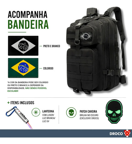 Mochila Tática Militar Impermeável Reforçada Assault 30l Cor Preto Desenho do tecido Liso Caveira