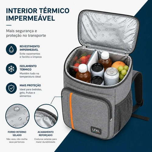 Mochila Térmica Bolsa Termica Viagem Espaçosa Bag Comida Trabalho Bebida Com Alça Cooler Praia Passeio Cinza Marmita Bebidas Grande Isotérmica Lancheira Litros Impermeável Premium Lfal