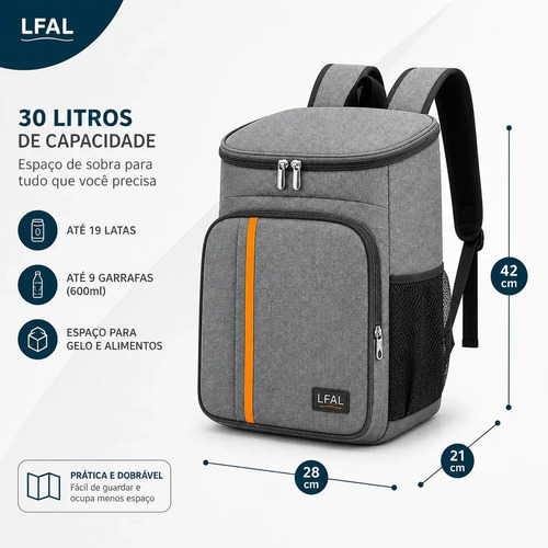 Mochila Térmica Bolsa Termica Viagem Espaçosa Bag Comida Trabalho Bebida Com Alça Cooler Praia Passeio Cinza Marmita Bebidas Grande Isotérmica Lancheira Litros Impermeável Premium Lfal