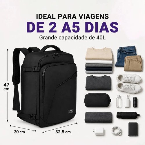 Mochila Viagem Masculina 40L Grande Impermeável Reforçada para Avião Item Pessoal Suporta até 10kg MATEIN 1159 Preto