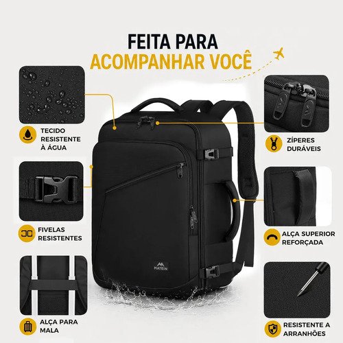 Mochila Viagem Masculina 40L Grande Impermeável Reforçada para Avião Item Pessoal Suporta até 10kg MATEIN 1159 Preto