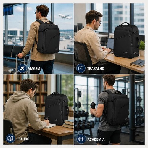 Mochila Viagem Masculina 40L Grande Impermeável Reforçada para Avião Item Pessoal Suporta até 10kg MATEIN 1159 Preto