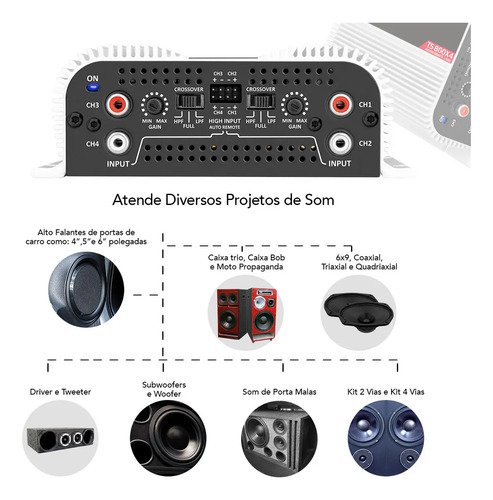 Módulo Amplificador Taramps TS800x4 de 800W para Som Automotivo