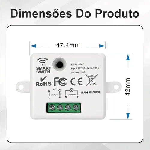Modulo Rf433 + Interruptor 1 Tecla Sem Fio Controle Remoto