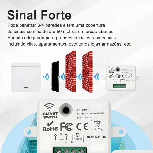 Modulo Rf433 + Interruptor 1 Tecla Sem Fio Controle Remoto