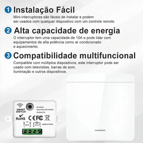 Modulo Rf433 + Interruptor 1 Tecla Sem Fio Controle Remoto