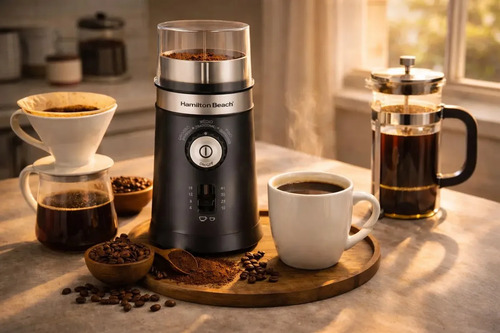 Moedor de Café Elétrico Hamilton Beach Ajustável Inox 150W Triturador Grãos Sementes Cuba Removível