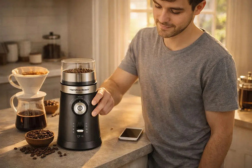 Moedor de Café Elétrico Hamilton Beach Ajustável Inox 150W Triturador Grãos Sementes Cuba Removível