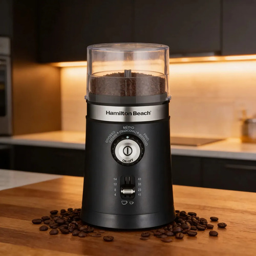 Moedor de Café Elétrico Hamilton Beach Ajustável Inox 150W Triturador Grãos Sementes Cuba Removível