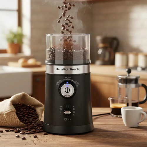 Moedor de Café Elétrico Hamilton Beach Ajustável Inox 150W Triturador Grãos Sementes Cuba Removível