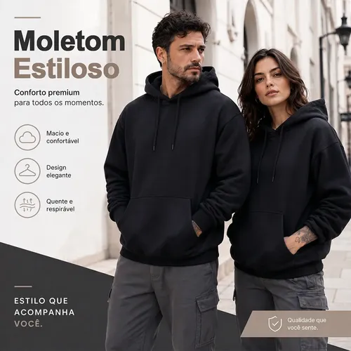 Moletom Canguru Liso Algodão Unissex Térmico Forrado Fleece