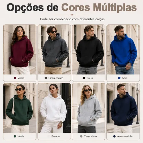 Moletom Canguru Liso Algodão Unissex Térmico Forrado Fleece
