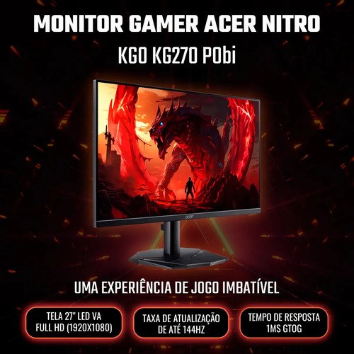 Monitor Gamer 27" Acer Nitro KG0 KG270 P0bi com Tela LED VA Full HD 144Hz 1ms GtoG AMD FreeSync Game Mode 8 Modos 99% sRGB e Design ZeroFrame