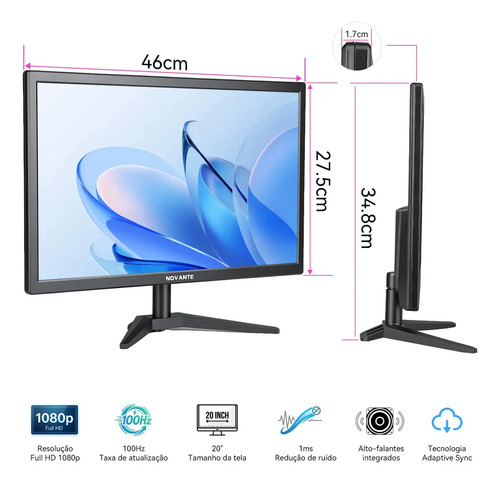 Monitor Gamer LCD 20 Polegadas pc,1600x900 HD,Alto-falantes Integrados,100Hz,Tempo de Resposta 1ms,250cd/m²,72% NTSC,1000:1,HDMI/VGA/AUIDO/DC,Bivolt