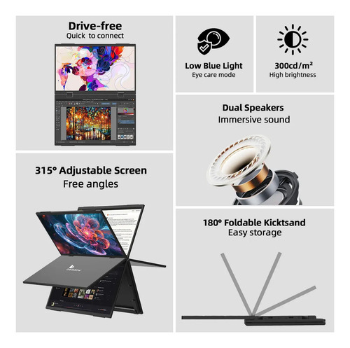 Monitor Portátil Duplo 15.6 Full Hdcom Bolsa Telas Dobráveis Preto