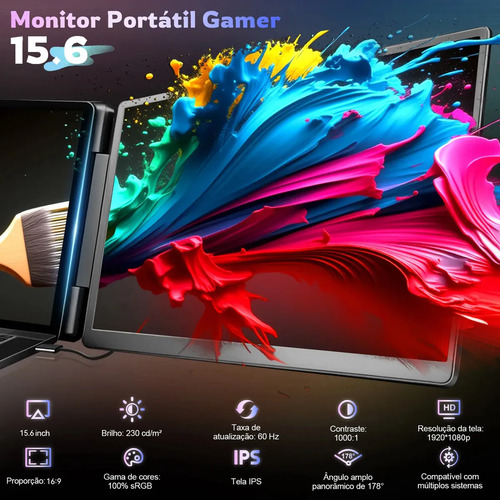 Monitor Portatil Gamer 15.6 Fhd 1080p Dual Screen Expansor Tela Tripla Monitor, Tela Esquerda Rotagao 360°, Baixa Luz Azul, Cabos Inclusos Preto