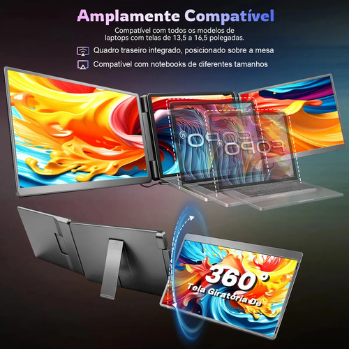 Monitor Portatil Gamer 15.6 Fhd 1080p Dual Screen Expansor Tela Tripla Monitor, Tela Esquerda Rotagao 360°, Baixa Luz Azul, Cabos Inclusos Preto