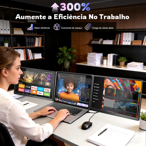 Monitor Portatil Gamer 15.6 Fhd 1080p Dual Screen Expansor Tela Tripla Monitor, Tela Esquerda Rotagao 360°, Baixa Luz Azul, Cabos Inclusos Preto